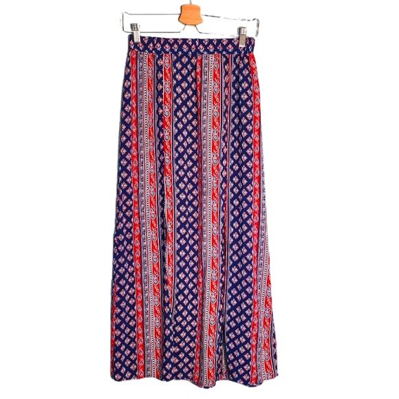 F21 Boho Red Blue Tribal 2 Slit Maxi Skirt - M - Picture 1 of 5
